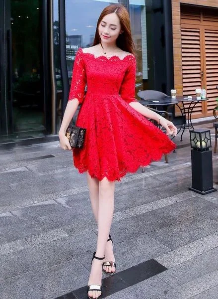 Evening Dress in Light Wool -Midi Dresses for Night Fun -Evening Dress in Light Wool -Lovely Red Lace Short Sleeves Party Dress, Chic Red Off Shoulder Homecoming Dress c3181