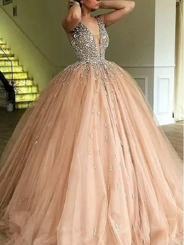 Evening Dress with Belted Waist -Midi Dresses with Belted Waist -Evening Dress with Belted Waist -Luxury Ball Gown Champagne Tulle Dazzling Top Plunge V neck Prom Dress C219