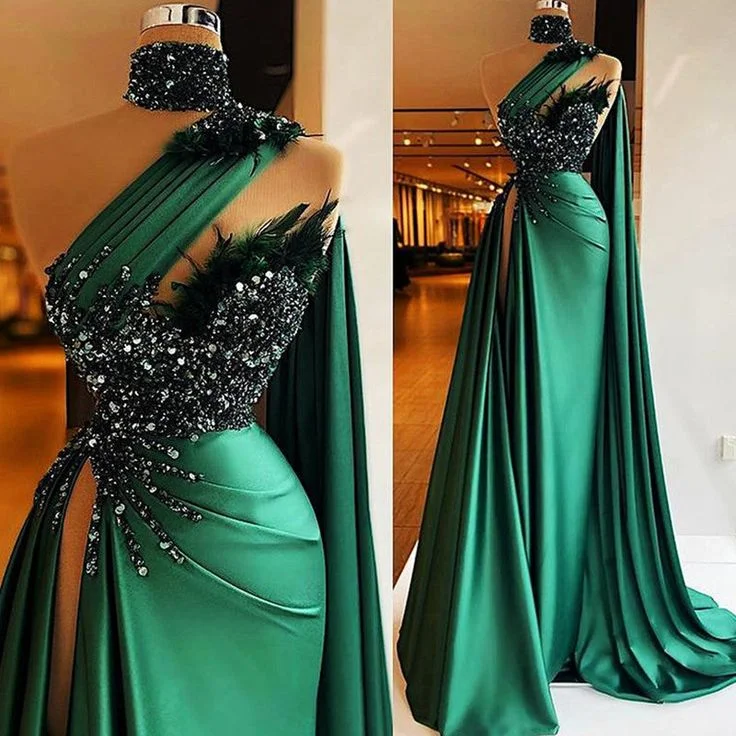 Evening Dress for Game Night -Midi Dresses with Knot Front -Evening Dress for Game Night -Luxury One-Shoulder Beads Evening Dress Mermaid Green Women Sexy Prom Gown With Train Satin Backless Feather c2577