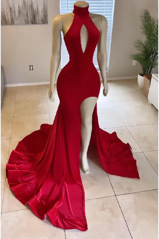 Evening Dress with Tassel Details -Midi Dresses with Deep V-Neck -Evening Dress with Tassel Details -Modern High Neck Red Mermaid Prom Dress Long Split With Sleeveless c2974