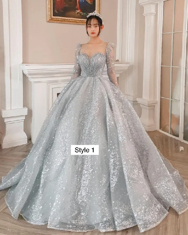 Evening Dress for Short Trip -Midi Dresses with Cutout Back -Evening Dress for Short Trip -Modern sparkly grey/silver long or cap sleeves ball gown wedding/prom dress with glitter tulle C2157