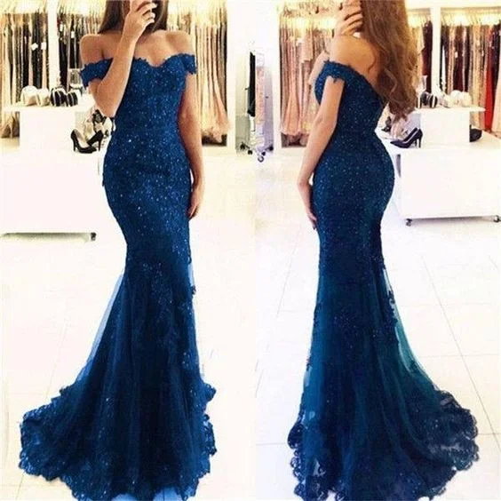 Evening Dress for Holiday Parties -Midi Dresses for Bridesmaids -Evening Dress for Holiday Parties -Navy Blue Off Shoulder Sweetheart Tulle With Appliques Long Prom Dress C181