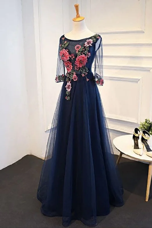 Evening Dress in Soft Velvet -Midi Dresses for Lunch Chill -Evening Dress in Soft Velvet -Navy Blue Tulle A-line Flower Appliques Prom Dress With Sleeves C1076