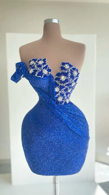 Evening Dress in Soft Suede -Midi Dresses for Night Brunch -Evening Dress in Soft Suede -New Arrival Royal Blue Sequins Homecoming Dress Flowers floral pattern  c3072