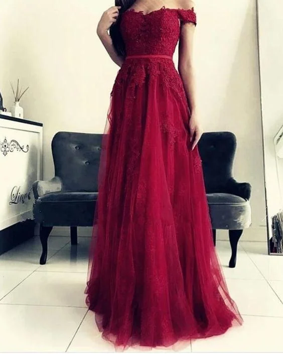 Evening Dress for Summer Date -Midi Dresses with Flounce Edge -Evening Dress for Summer Date -New Burgundy Lace and Tulle Long Graduation Prom Dress for Girls C1570