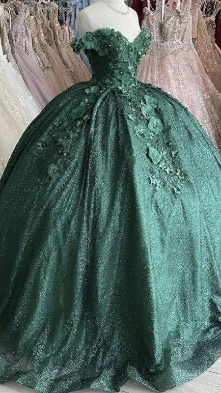 Evening Dress for Roof Party -Midi Dresses with Lace Trim Back -Evening Dress for Roof Party -Off The Shoulder Green Ball Gown With Flowers Sweet 16 Dress C2167