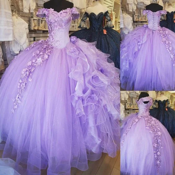 Evening Dress in Rich Cotton -Midi Dresses for Casual Event -Evening Dress in Rich Cotton -Off-The-Shoulder Lavender Tulle Quinceanera Dresses Flowers Ball Gown Sweet 15  C1601