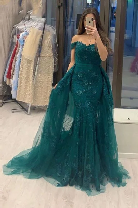 Evening Dress with Lace Front -Midi Dresses in Thin Silk -Evening Dress with Lace Front -Off The Shoulder Sweetheart Jade Tulle Lace Mermaid Evening Dresses With Detachable Train C1368