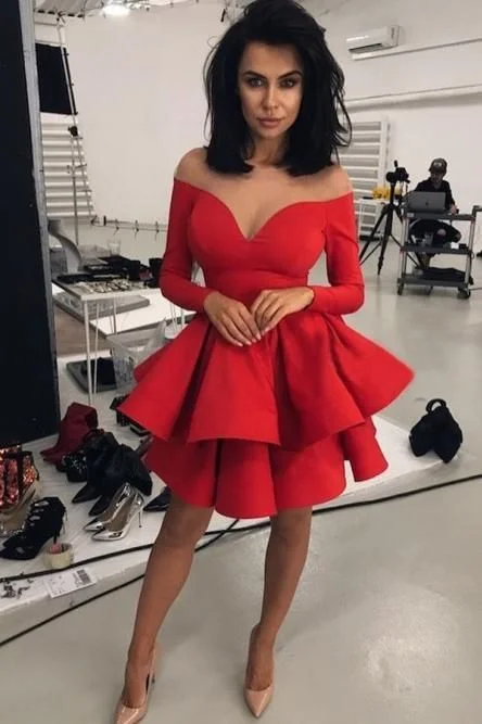 Evening Dress with Mesh Overlay -Midi Dresses with Wrap Front -Evening Dress with Mesh Overlay -Off the Shoulder V-neck Tiered Red Satin Homecoming Dress Long Sleeves  c3125