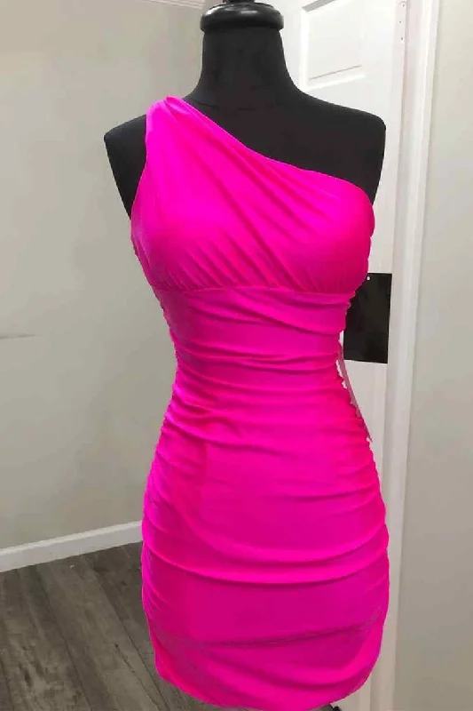 Evening Dress for Pool Party -Midi Dresses with Draped Front -Evening Dress for Pool Party -One Shoulder Hot Pink Tight Homecoming Dress c3116