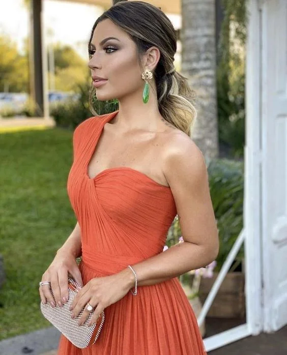 Evening Dress with Layered Skirt -Midi Dresses in Earth Tones -Evening Dress with Layered Skirt -Orange Flowy One-Shoulder Gown Classic Prom Dress c2862