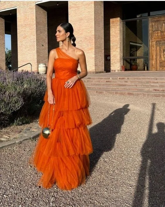 Evening Dress with Flared Skirt -Midi Dresses with Embroidered Details -Evening Dress with Flared Skirt -Orange Long Prom Dress,Tiered Tulle Formal Evening Dresses cc787