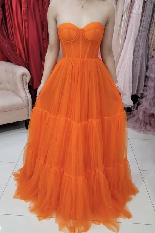 Evening Dress in Soft Hues -Midi Dresses for Wine Date -Evening Dress in Soft Hues -Orange tulle long A line prom dress evening dress  C1319