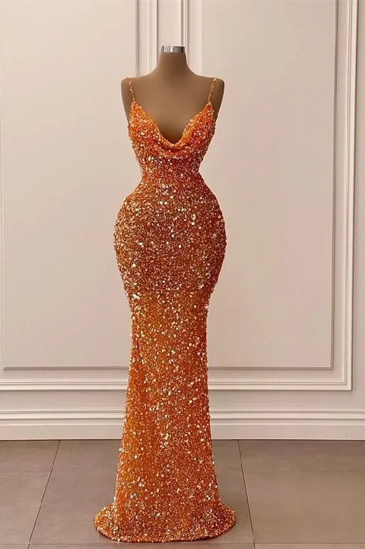 Evening Dress for Night Events -Midi Dresses for Weekend Getaway -Evening Dress for Night Events -Orange V-Neck Mermaid Spaghetti-Straps Long Prom Dress With Sequins cc232