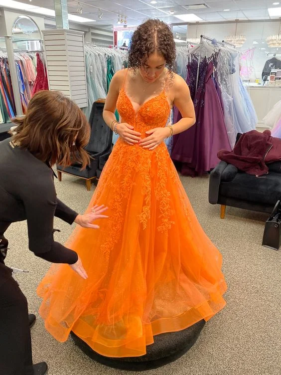 Evening Dress for Holiday Parties -Midi Dresses for Bridesmaids -Evening Dress for Holiday Parties -Orange V Neck Tulle Lace Appliques Long Prom Dress cc923