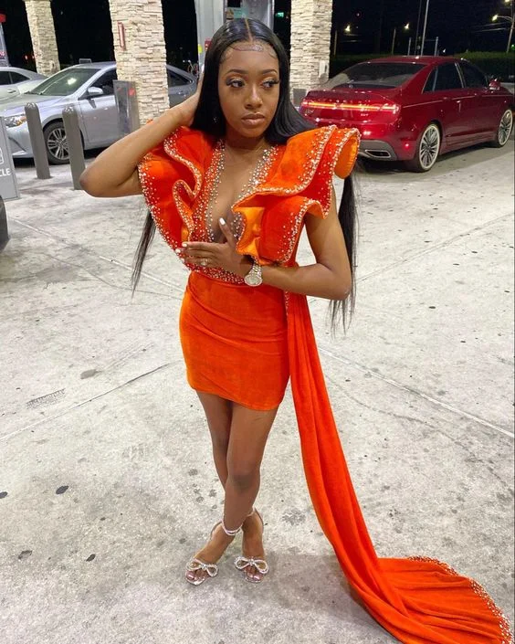 Evening Dress for Special Events -Midi Dresses in Suede -Evening Dress for Special Events -Orange Velvet Short Prom Dress Beaded Ruffle Sleeve Real Picture African Dark Skin Girl Party Dress c3167