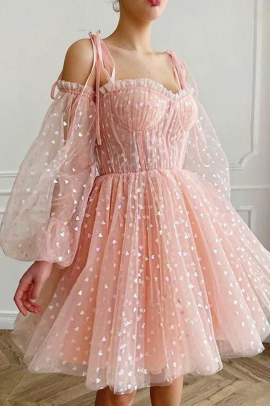 Evening Dress for Day Trip -Midi Dresses with Gathered Sleeves -Evening Dress for Day Trip -pink homecoming dresses tulle sweetheart Homecoming Dress c2586