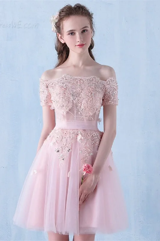 Evening Dress in Ombre Design -Midi Dresses for Fashion Events -Evening Dress in Ombre Design -Pink Off the Shoulder Tulle Short Prom Dress with Beading, A Line Homecoming Dress c2997