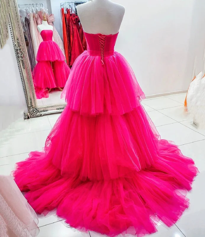 Evening Dress for Small Chill -Midi Dresses with Shift Back -Evening Dress for Small Chill -PINK TULLE HIGH LOW PROM DRESS PINK EVENING DRESS C850