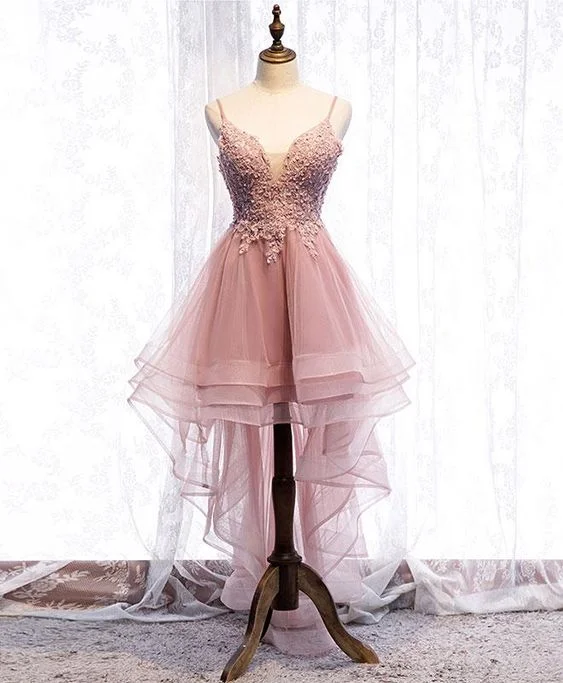 Evening Dress for Patio Fun -Midi Dresses with Bow Edge -Evening Dress for Patio Fun -Pink tulle lace high low prom dress, pink party dress C595