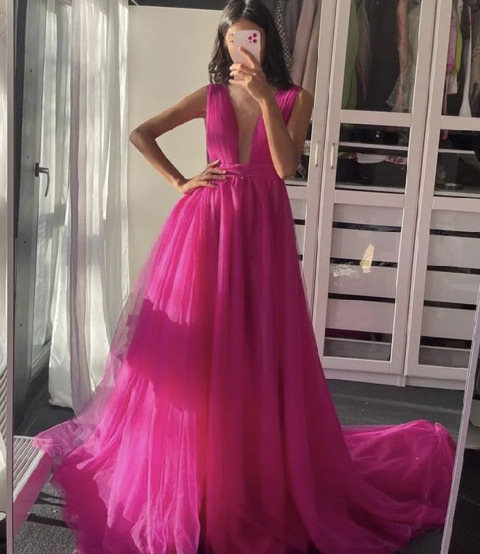 Evening Dress in Textured Fabric -Midi Dresses for Sunset Drinks -Evening Dress in Textured Fabric -Pink tulle long prom dress pink evening dress c2957