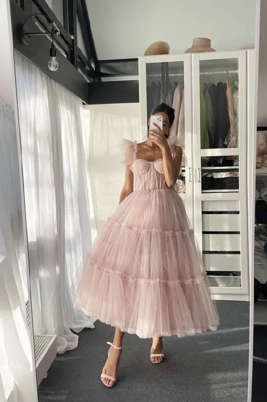 Evening Dress in Shiny Wool -Midi Dresses for Coffee Chill -Evening Dress in Shiny Wool -Pink tulle short A line prom dress homecoming dress C1138