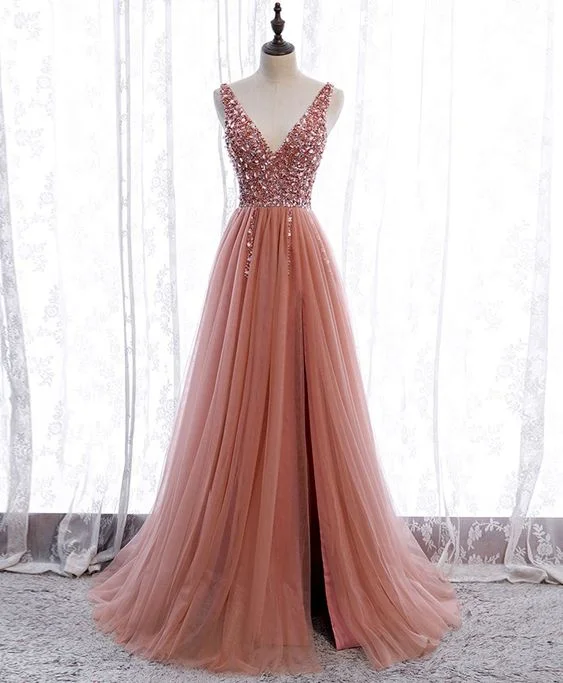 Evening Dress with Twist Edge -Midi Dresses in Plush Silk -Evening Dress with Twist Edge -Pink v neck tulle sequin long prom dress pink formal dress C1192