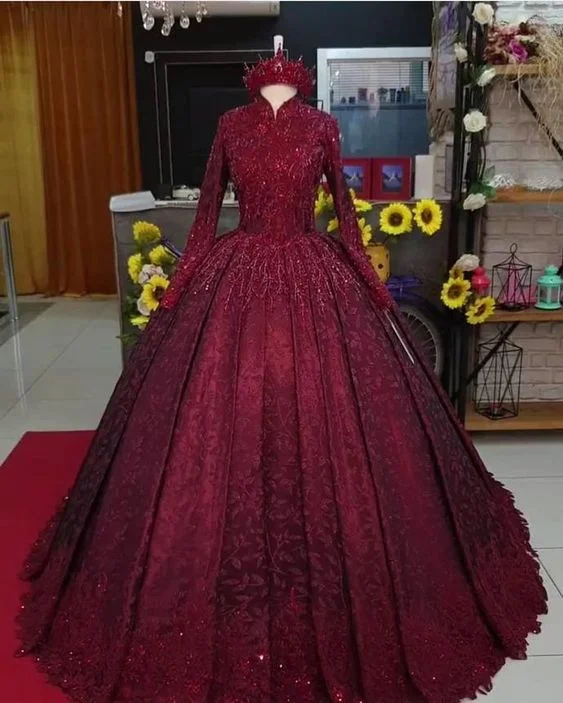 Evening Dress for Patio Fun -Midi Dresses with Bow Edge -Evening Dress for Patio Fun -Plus Size Arabic Muslim Burgundy Lace Beaded Prom Dresses Ball Gown Long Sleeves Sweet 16 Dresses C49