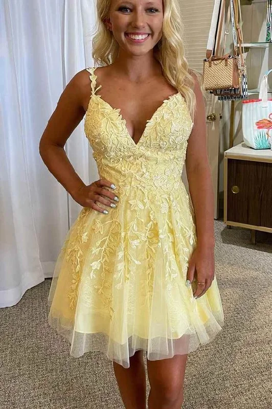 Evening Dress with Flared Sleeves -Midi Dresses in Tiny Prints -Evening Dress with Flared Sleeves -Princess Yellow Appliques A-line Short Homecoming Dress c2933