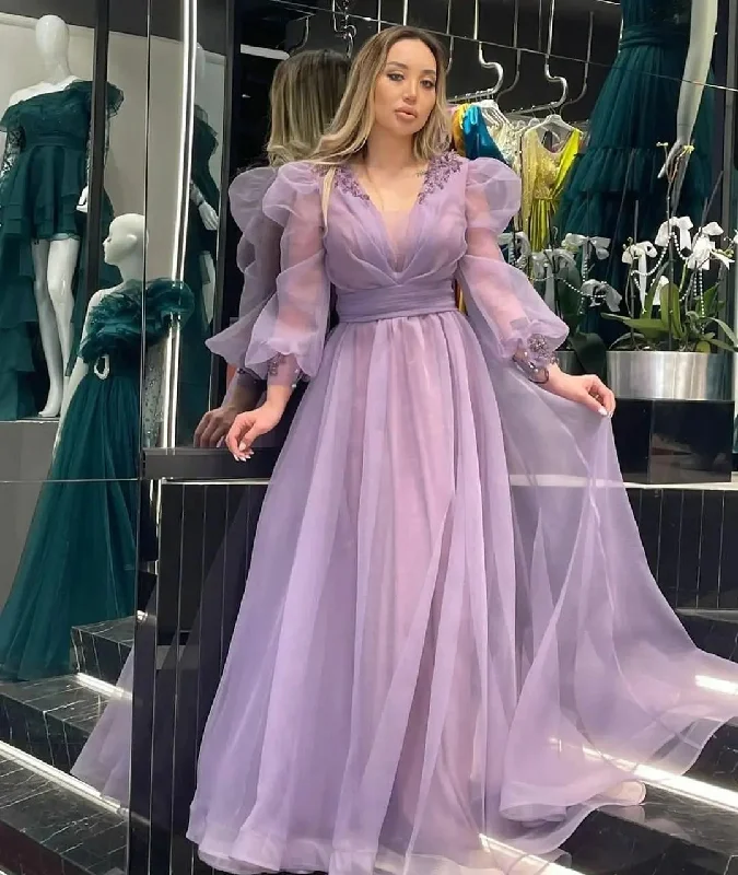 Evening Dress for Spring Fun -Midi Dresses with Flounce Front -Evening Dress for Spring Fun -Purple A-line Tulle Evening Dress With Puff Sleeves cc692