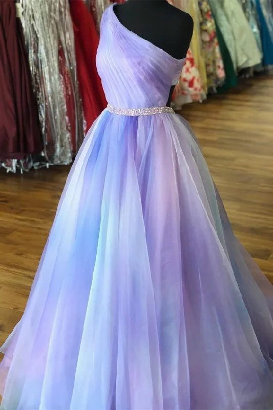 Evening Dress in Thin Velvet -Midi Dresses for Evening Chill -Evening Dress in Thin Velvet -purple ombre one shoulder tulle long prom dress with beaded sash C395