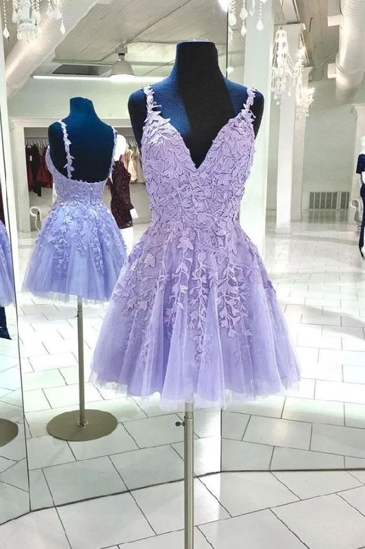 Evening Dress in Flowing Style -Midi Dresses for Charity Gala -Evening Dress in Flowing Style -Purple tulle lace short prom dress, purple homecoming dress c2571