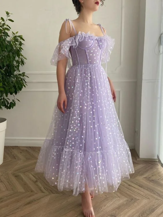 Evening Dress in Light Silk -Midi Dresses for Night Edge -Evening Dress in Light Silk -Purple tulle tea length prom dress, purple evening dress C269