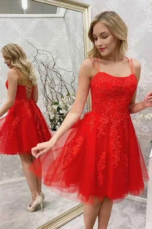 Evening Dress with Flounce Edge -Midi Dresses in Subtle Prints -Evening Dress with Flounce Edge -Red Lace Applique Spaghetti Straps Homecoming Dresses, Red Tulle Short Prom Dress C1452