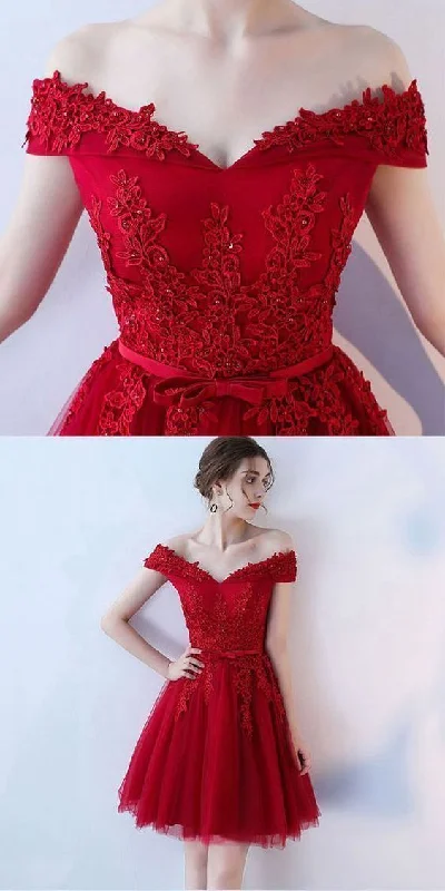 Evening Dress in Soft Chiffon -Midi Dresses for Casual Lunch -Evening Dress in Soft Chiffon -Red Off Shoulder Homecoming Dresses, Simple Party Dresses c3432