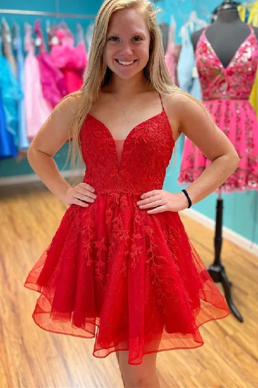 Evening Dress with Button Front -Midi Dresses with Button Front -Evening Dress with Button Front -Red Spaghetti Strap Above Keen Starry Tulle Homecoming Dress Graduation Dresses c3383