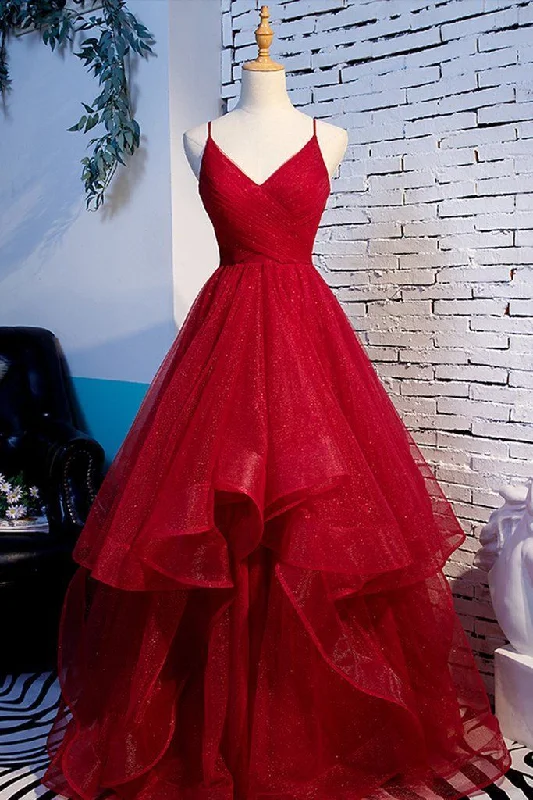 Evening Dress in Plush Silk -Midi Dresses for Dance Club -Evening Dress in Plush Silk -Red Tulle Layered Spaghetti Straps V Neck Lace Up Prom Dress, Evening Dress C1238