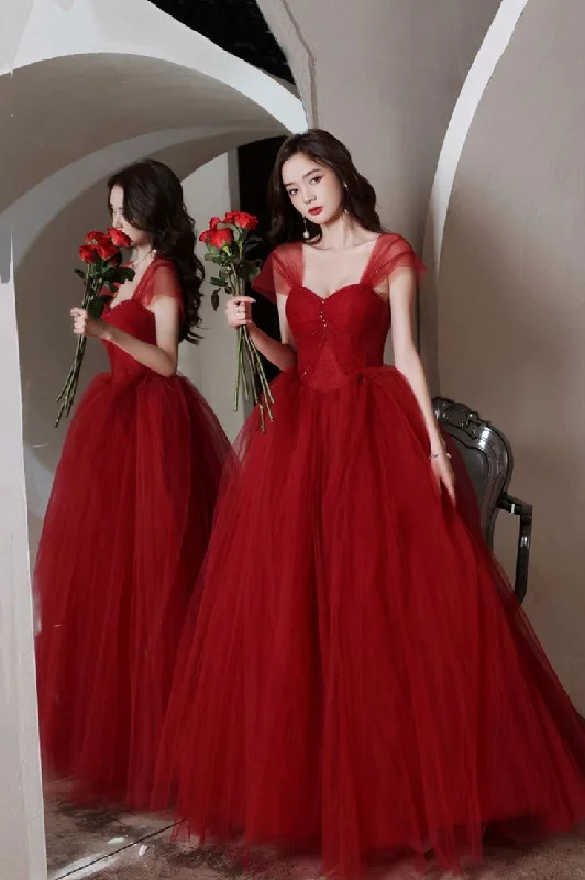 Evening Dress with Tie Edge -Midi Dresses in Thin Wool -Evening Dress with Tie Edge -Red Tulle Long A-Line Prom Dress, Off the Shoulder Evening Graduation Dress cc1204