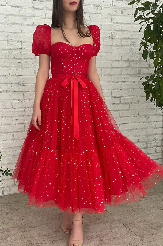 Evening Dress in Knit Fabric -Midi Dresses for Family Gatherings -Evening Dress in Knit Fabric -Red tulle short A line prom dress homecoming dress c2949