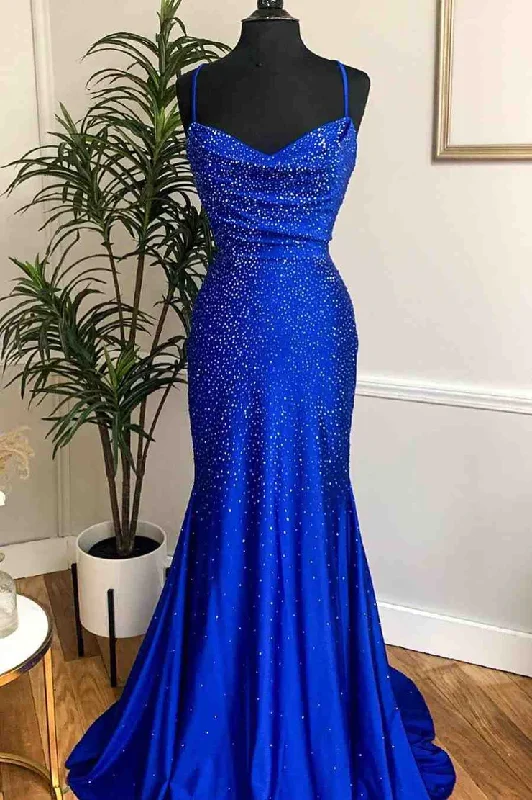 Evening Dress for Fun Date -Midi Dresses with Tie Back Design -Evening Dress for Fun Date -Royal Blue Beaded Cowl Neck Mermaid Long Prom Dress cc446