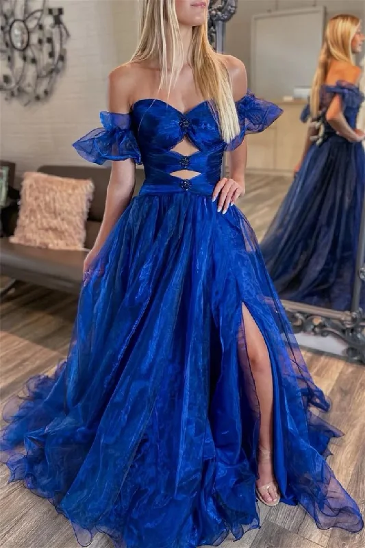 Evening Dress for Night Fun -Midi Dresses with Side Back -Evening Dress for Night Fun -Royal Blue Tulle Off-Shoulder Long Prom Dress with Slit cc746