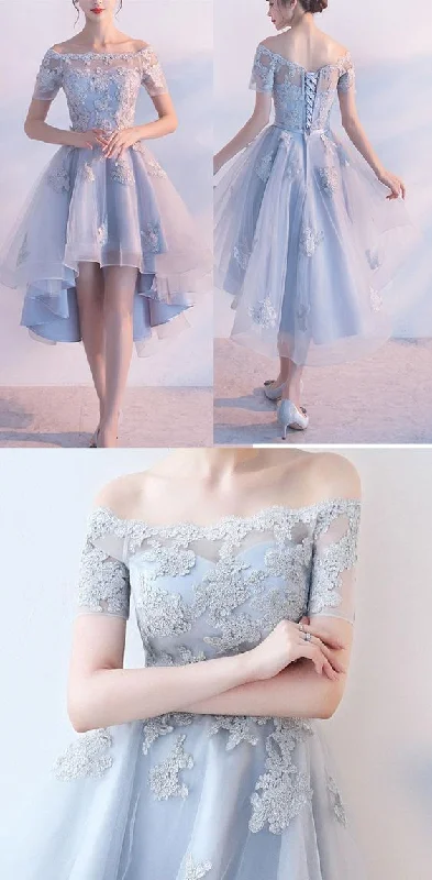 Evening Dress with Open Back -Midi Dresses in Soft Knit -Evening Dress with Open Back -Sexy Short Sleeves Lace Appliques Homecoming Dresses High Low Prom Hoco Dress c2991