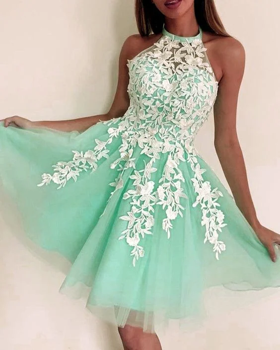 Evening Dress in Tiny Prints -Midi Dresses for Book Launch -Evening Dress in Tiny Prints -Short Halter Junior Homecoming Dresses Lace Mint Green c3084