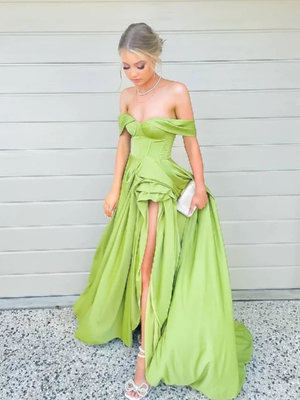 Evening Dress in Satin Finish -Midi Dresses for Coffee Date -Evening Dress in Satin Finish -Simple green off shoulder satin long prom dress, green evening dress C2036