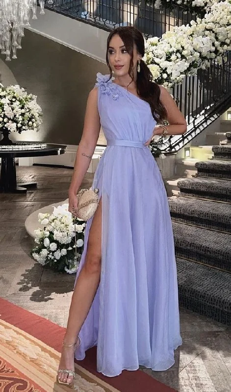 Evening Dress in Subtle Hues -Midi Dresses for Anniversary Party -Evening Dress in Subtle Hues -Simple Long One Shoulder Slit Chiffon Prom Dresses c2861