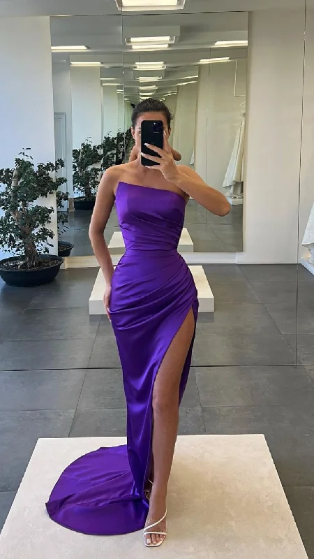 Evening Dress for Wine Chill -Midi Dresses with Mesh Edge -Evening Dress for Wine Chill -Simple Satin Long Prom Dress With Waist Pleats Elegant Evening Gown cc266