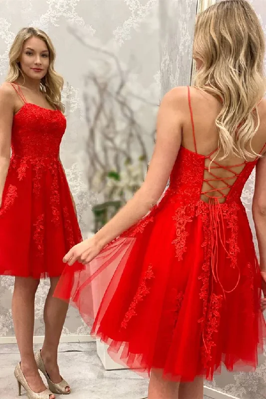 Evening Dress for Fun Chill -Midi Dresses with Tie Edge -Evening Dress for Fun Chill -Simple Spaghetti Straps Red Lace Short Homecoming Dresses c3048