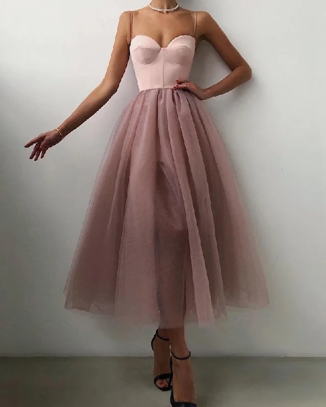 Evening Dress for Theme Party -Midi Dresses with Cold Shoulder -Evening Dress for Theme Party -Spaghetti Strap Plain Sheer Evening Dress Simple Tulle Party Dress c2751