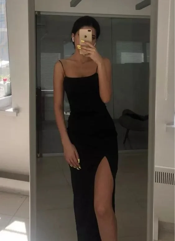 Evening Dress in Satin Fabric -Midi Dresses for Winter -Evening Dress in Satin Fabric -Spaghetti Straps Column/Sheath Long Prom Dress Simple Prom Dress With Split Classic Style Black Evening Dress cc216