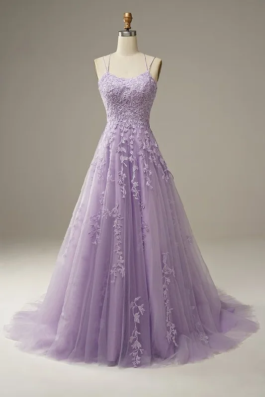 Evening Dress for Beach Date -Midi Dresses with Pleated Hem -Evening Dress for Beach Date -Spaghetti Straps Lilac Tulle Lace Long Prom Dress C1901